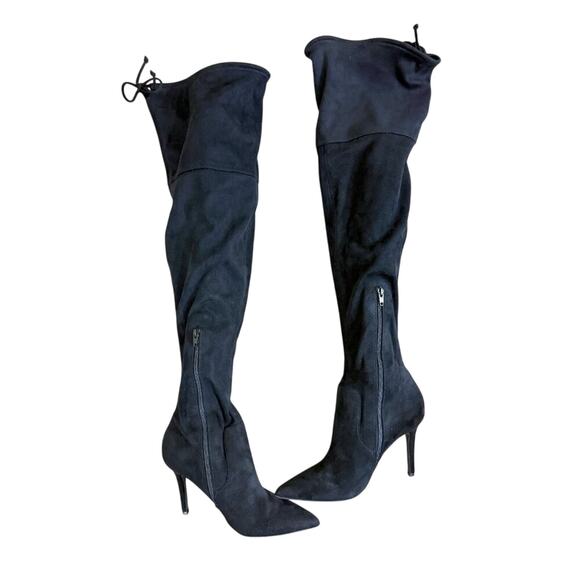 Aldo Black Faux Suede Thigh High Stiletto Boots Women's 9 Side Zip Pointy Toe - Picture 5 of 10